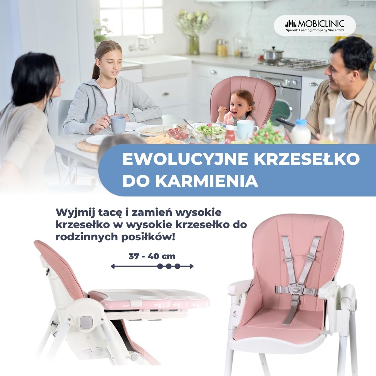 Mobiclinic®, Wysokie krzesełko dla dziecka, Evolutive, Dodatkowe składanie, Możliwość przekształcenia w krzesełko, Simba, 5-punktowe, Kółka z hamulcami, Podwójna wyjmowana tacka