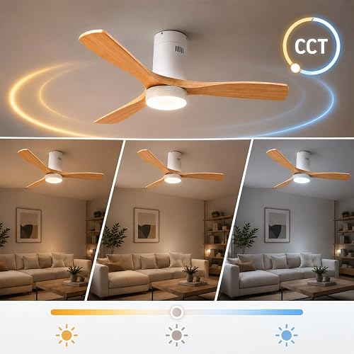 M mimotec - Ventilatore da Soffitto LED White Energy, Motore DC 35W + LED 18W, 6 Velocità, Silenzioso, 3 Pale Effetto Legno, Ø132 cm, Funzione Estate/Inverno, Timer, con Telecomando. - 3