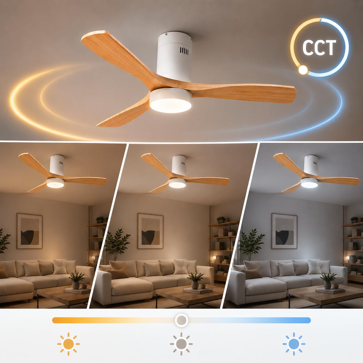 M Ledme - Wentylator sufitowy LED Energy 58 W, biały, pilot zdalnego sterowania, silnik prądu stałego 40 W + światło LED 18 W, 6 prędkości, cicha, 3 łopatki z naturalnego drewna, 132 cm, funkcja