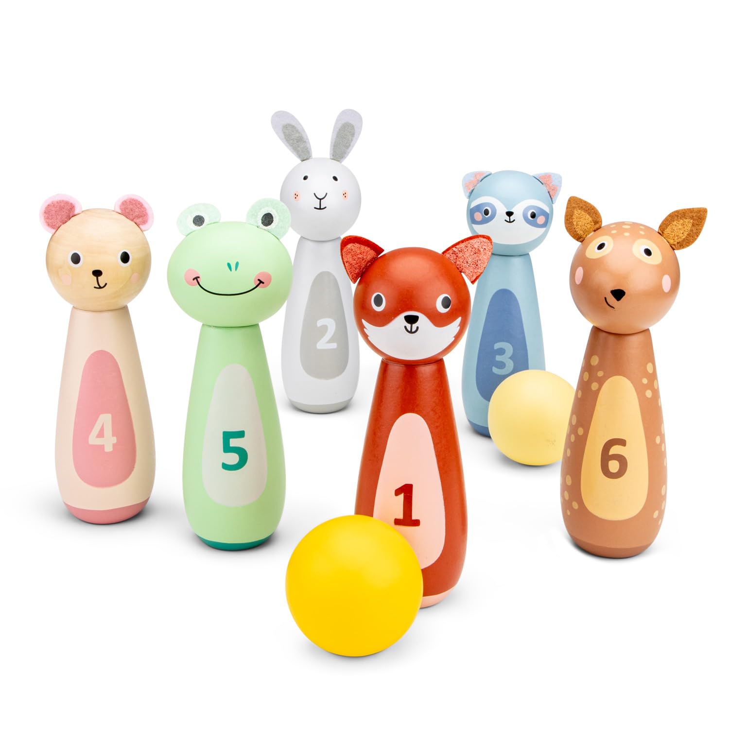 Woet® Jouet Bowling en Bois pour Enfants – Set avec 6 Quilles Animaux et 2 Boules – Jeu Intérieur Coloré pour Développement de la Motricité – À Partir de 3 Ans – Cadeau Filles et Garçons