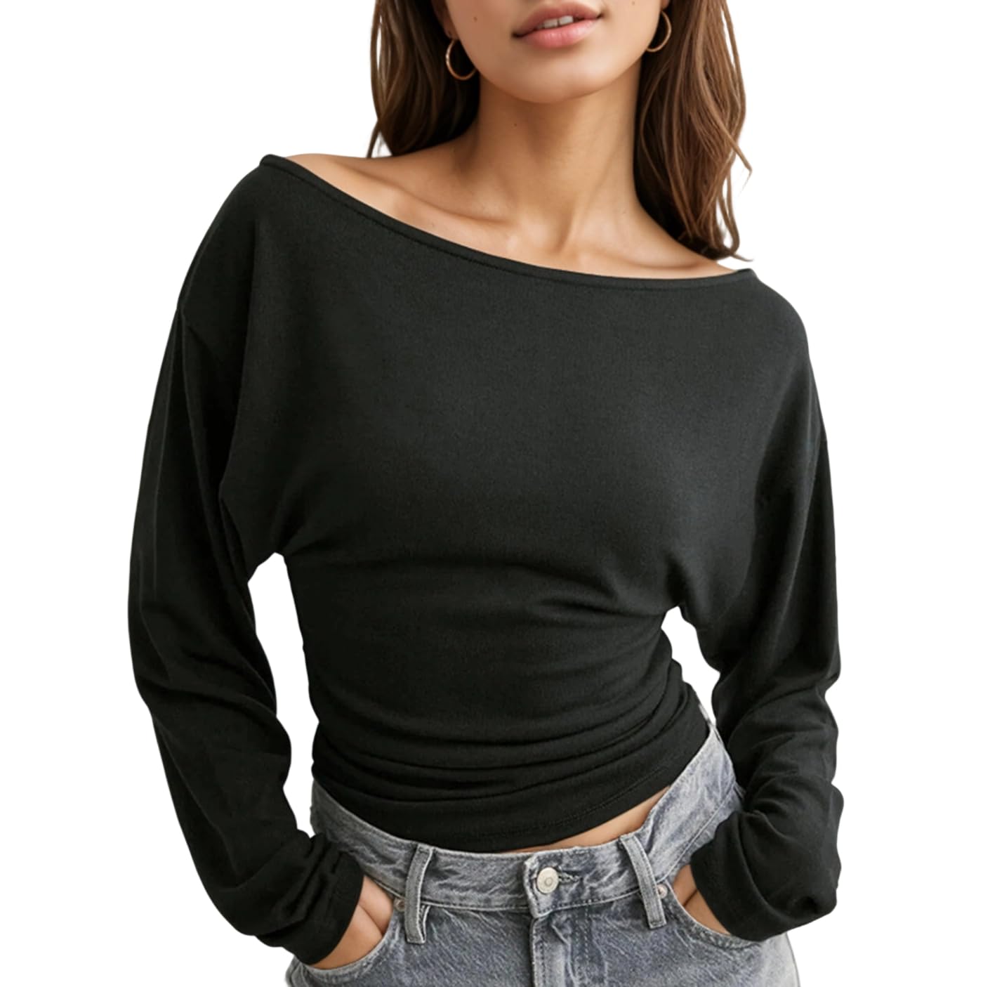 Womens Off The Shoulder Sweater Long Batwing Sleeve Pullover Fall Winter Trendy Knit Top for Going Out