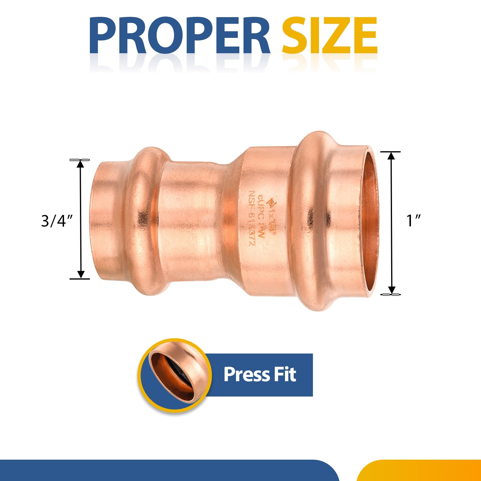 Paquete de 50 racores de Cobre a presión, Acoplamiento Reductor de 1 Pulgada x 3/4 de Pulgada con Tope, diseño LBP, acoplador de Cobre a presión (PRESS003-50Pack)