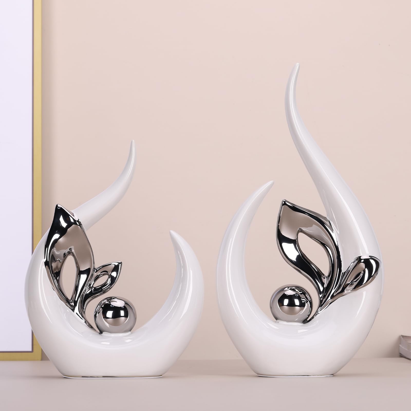 LCCCK Moderne Weiße & Silberne Keramik-Skulptur – Abstrakte Kunststatue 33cm im Skandinavischen Design für Wohnzimmer Esstisch, Büro und Eingangsbereich Dekorakzent
