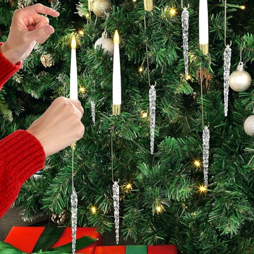 gisgfim クリスマスツリーキャンドル リモコン&フック付き LEDちらつきフレームレスキャンドル タイマー付き クリスタルオーナメント ホームパーティーギフト ウェディングシャンデリアの装飾用 アクリルつらららフック 12個パック [4]