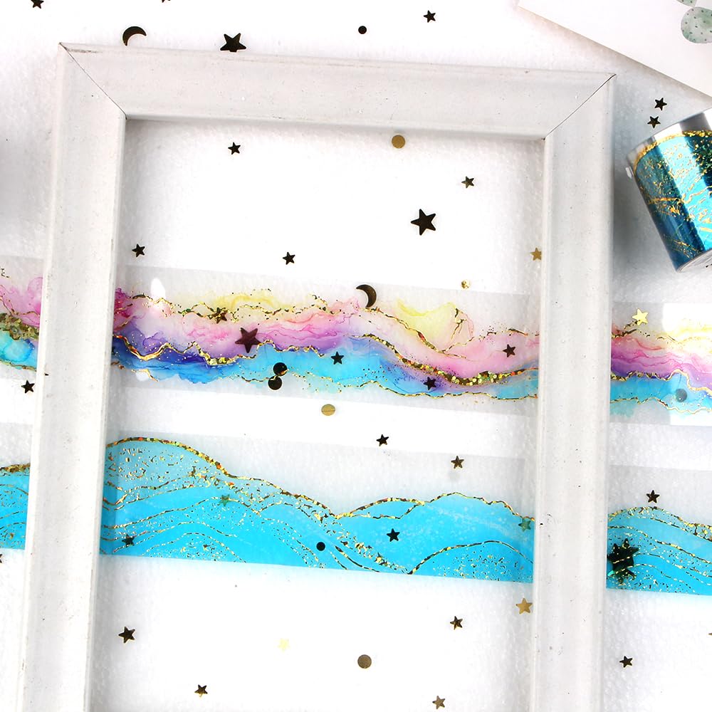 2Pcs Ribbon Washi Tape Set Gold Blue Purple Washi Tape Stickers Decorative Tape PET Tape Aesthetic Washi Tapes PET Tapes Washi Tape for Journaling Scrapbooking Supplies Diy Decoration Stationery view 7