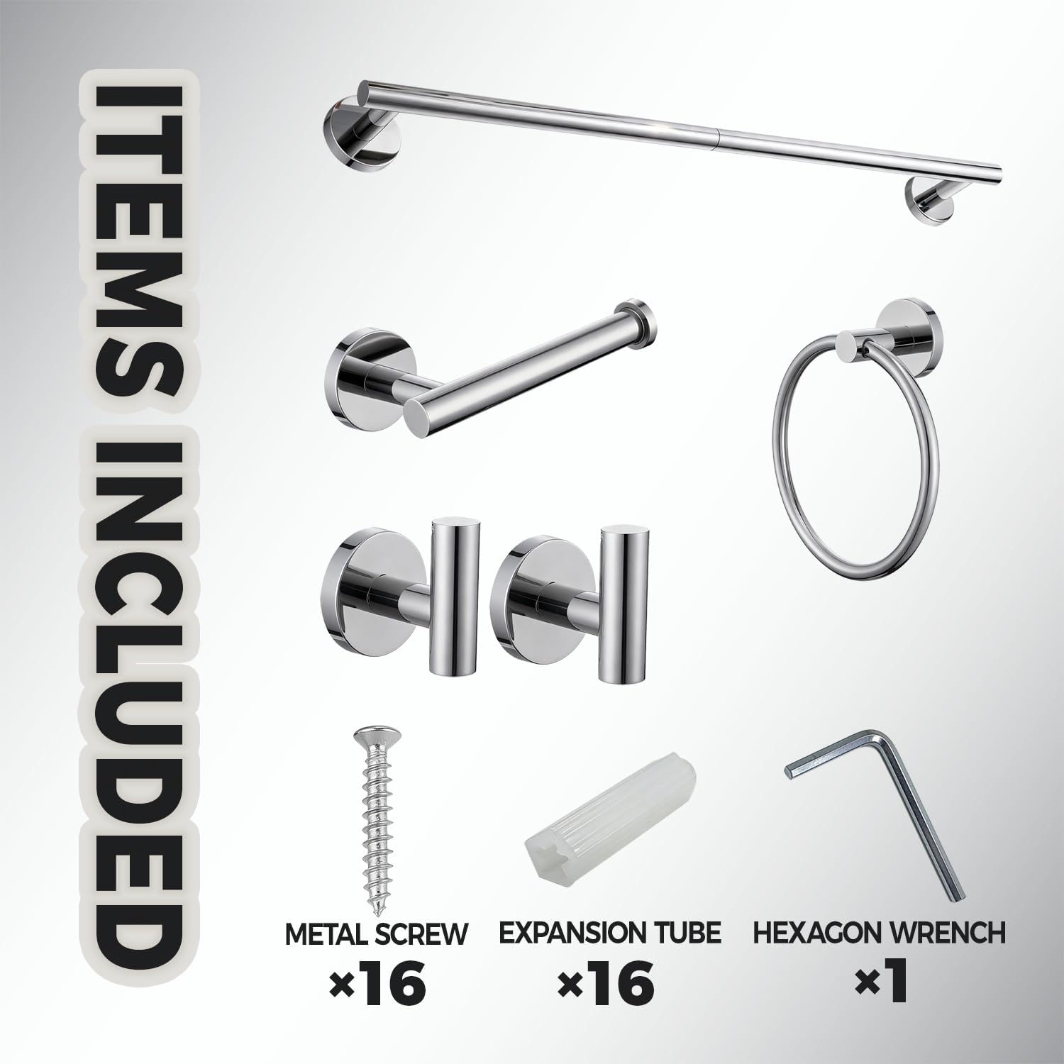 Brushed Nickel 5 Piece Bathroom Hardware Set, SUS304 Stainless Steel Lightweight 24 Inch Bath Towel Bar Set