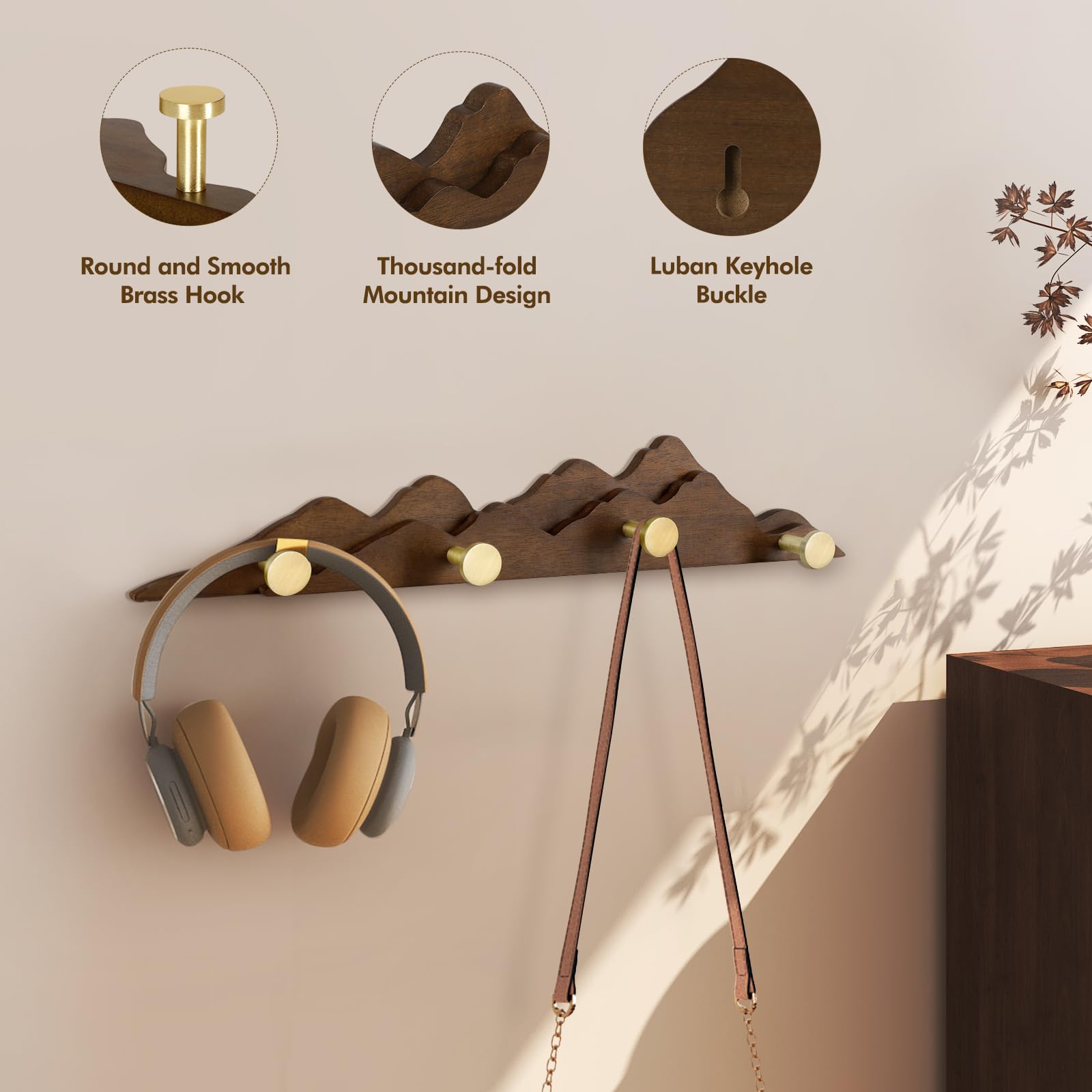 Jotsport Perchero de pared con 4 ganchos de latón para colgar abrigos, sombreros, bolsas, toallas, ganchos decorativos de madera para pasillo, beroom y baño