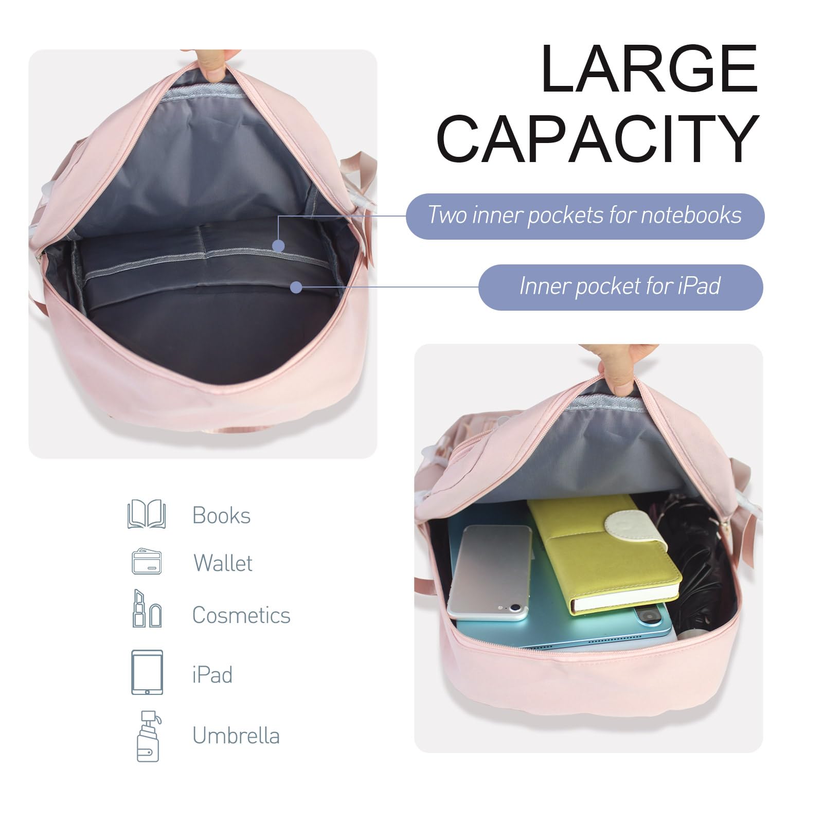 Sac à Dos D'école Kawaii pour Filles et Femmes,Joli Sac à Dos Esthétique avec épingle et Accessoires