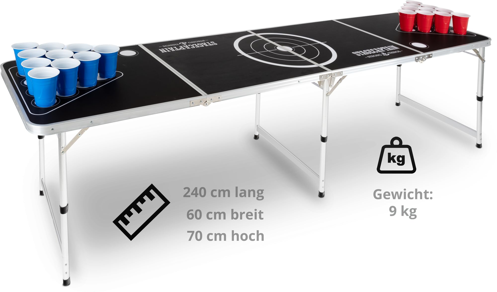 Stagecaptain Beer Pong Tisch “Basic” - Stabiler Klapptisch aus Alu - Melamin-beschichtete MDF-Platte (5 mm) - Inklusive 90 Becher und 6 Bälle - Schnell aufgebaut und kompakt beim Transport