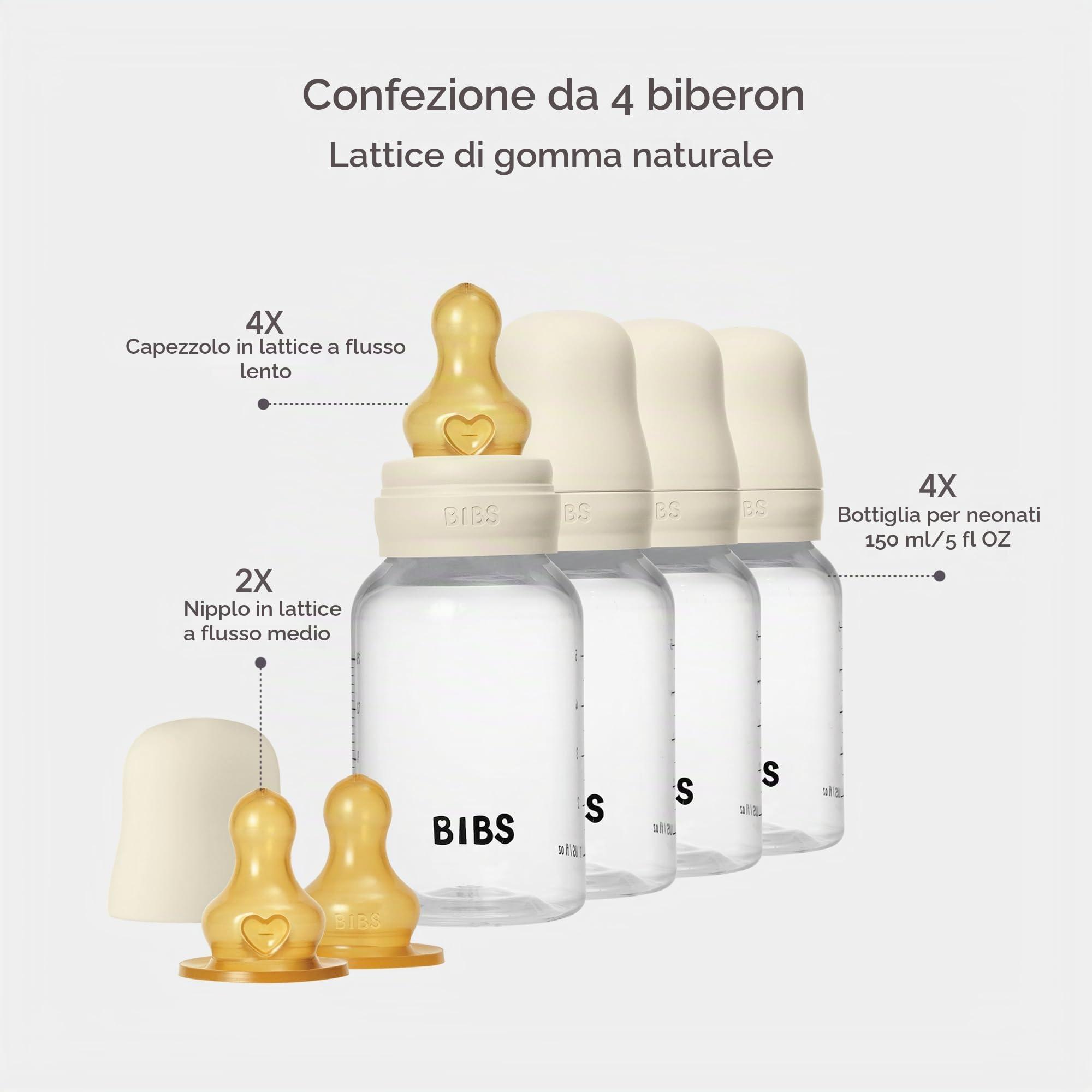 BIBS Biberon in plastica, 150 ml, 4-pack, Ivory | Anti-colica | Tettarella in lattice di gomma naturale | Controllo del flusso | Plastica senza BPA | Adatto all’allattamento