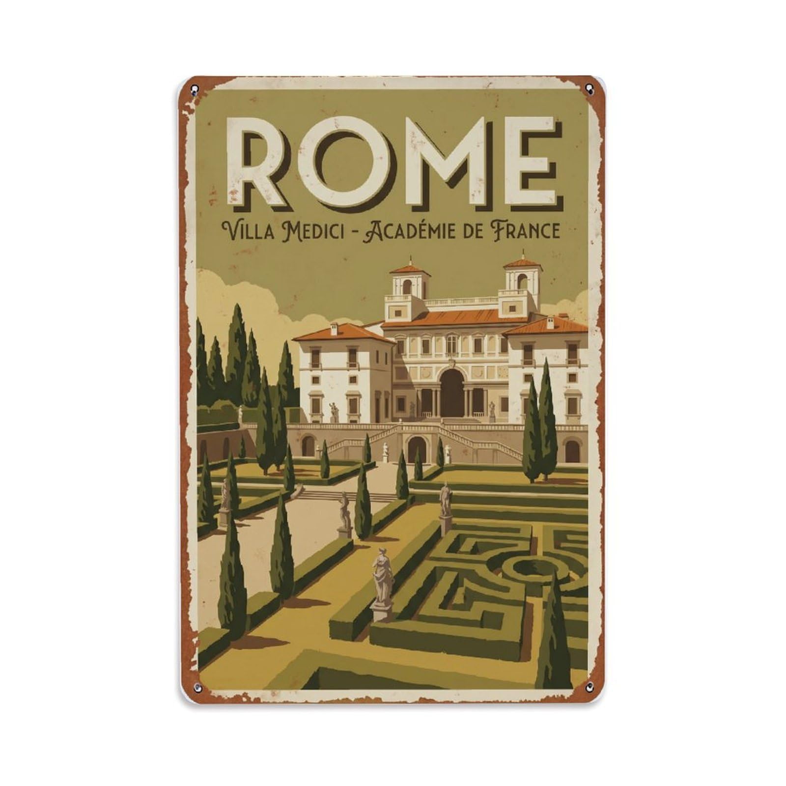 Vintage Travel Rome Villa Medici French Academy Gardens Rusted Italy Metal Tin Sign Plaque Wall Decor for Cafe, Club Bar, Office, Home Garden Metal Poster 8x12Inch