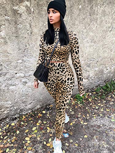 Gokatosau KO043-GOLDLEOPARD-M Women'S Sexy 2 Piece Outfits Long Sleeve Crop Top Pants Set Club Jumpsuits Goldleopard thumb #3