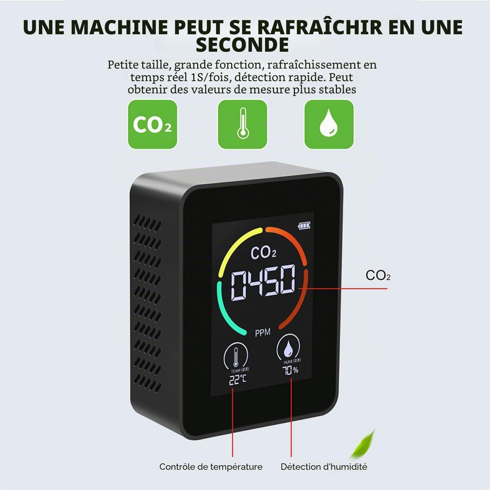 Détecteur de CO2, Testeur TVOC USB Détecteur de CO2 Intérieur Moniteur de qualité de L'air Testeur Thermomètre Hygromètre pour la Maison