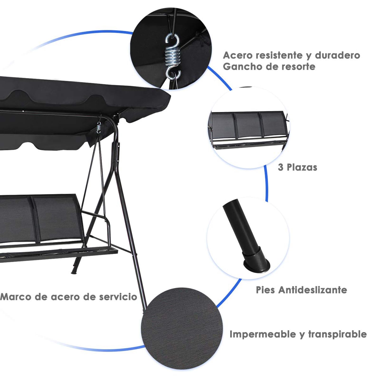 COSTWAY Columpio Jardin Exterior de 3 Plazas, Balancín con Toldo Adultos de Metal y Poliéster, Columpios de Porche con Parasol Ajustable para Exterior, 170 x 110 x 155 cm, Carga 210 kg, (Negro)