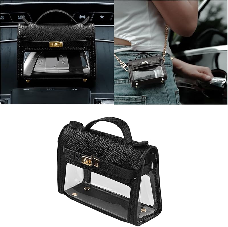 BESULEN Chaveiro Porta-Chaves Automotivo Mini em Couro com Fecho Metálico e Parte Transparente Preto