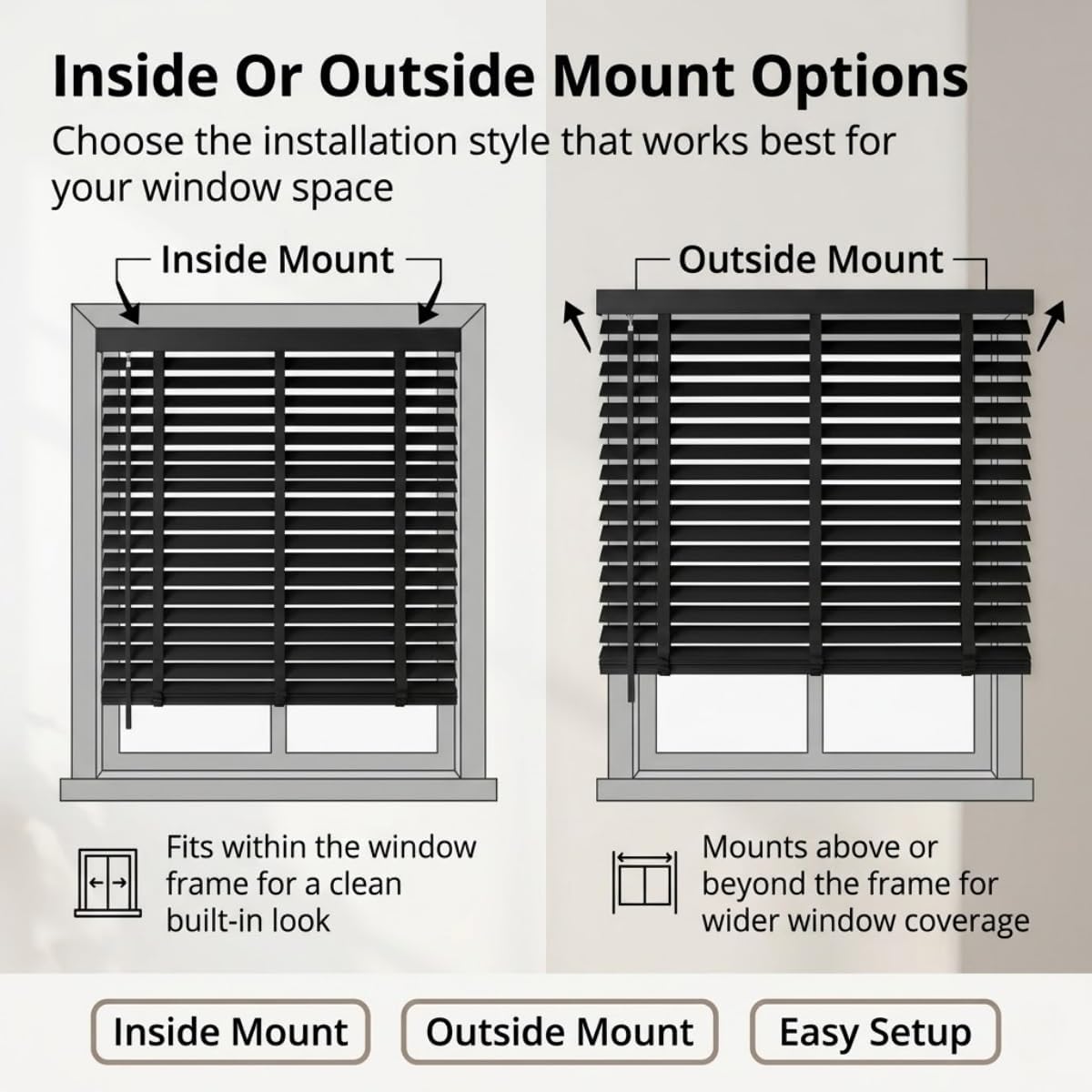 Cordless Black Wood Blinds 2 Inch Blinds for Bathroom Windows with 3 Light Control Modes 34" 35" 36" 48" 60" Venetian Blinds for Bedroom, Living Room, Study Room(35" W x 60" H)