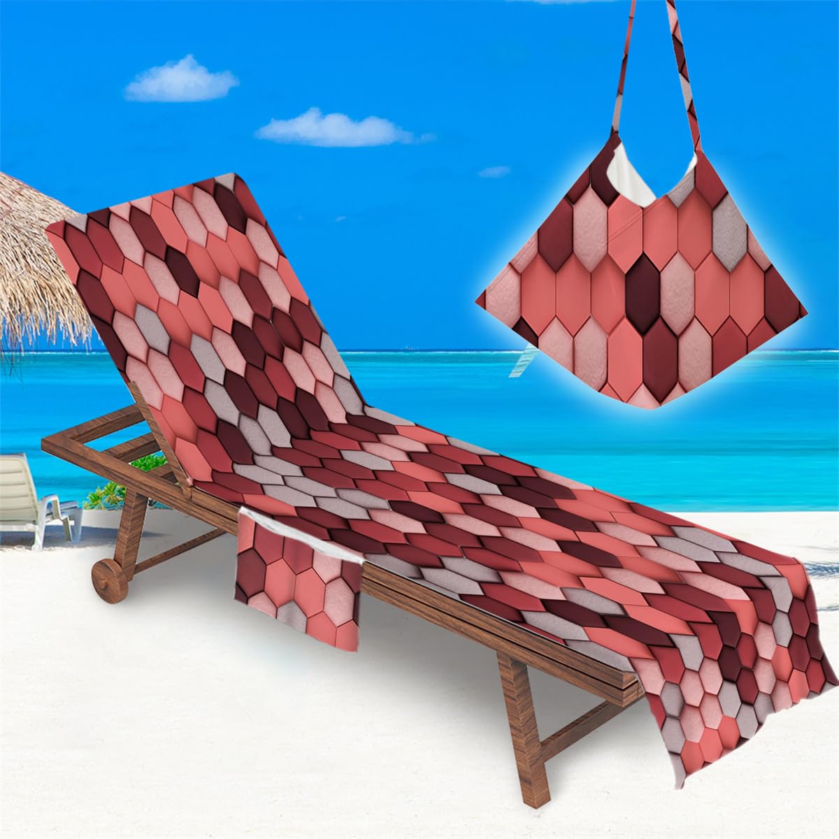 Treer Beach Chair Cover Towel, Art Space Print Beach Towel, Portable Beach Sunbed Towels, Sun Lounger Towels with Pockets, Microfiber Towel for Beach Garden Vacation (Coral,75x210cm)