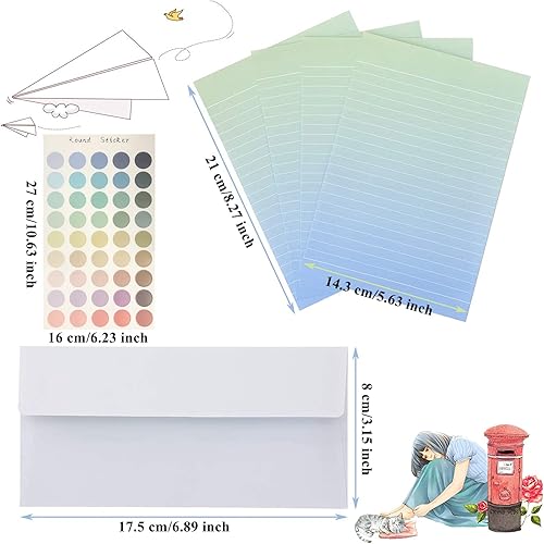 Miniatura 6 de Juego de 48 piezas de papel y sobres coloridos de papelería, 32 papeles de escritura con rayas, 16 sobres y calcomanías, juego de papelería de