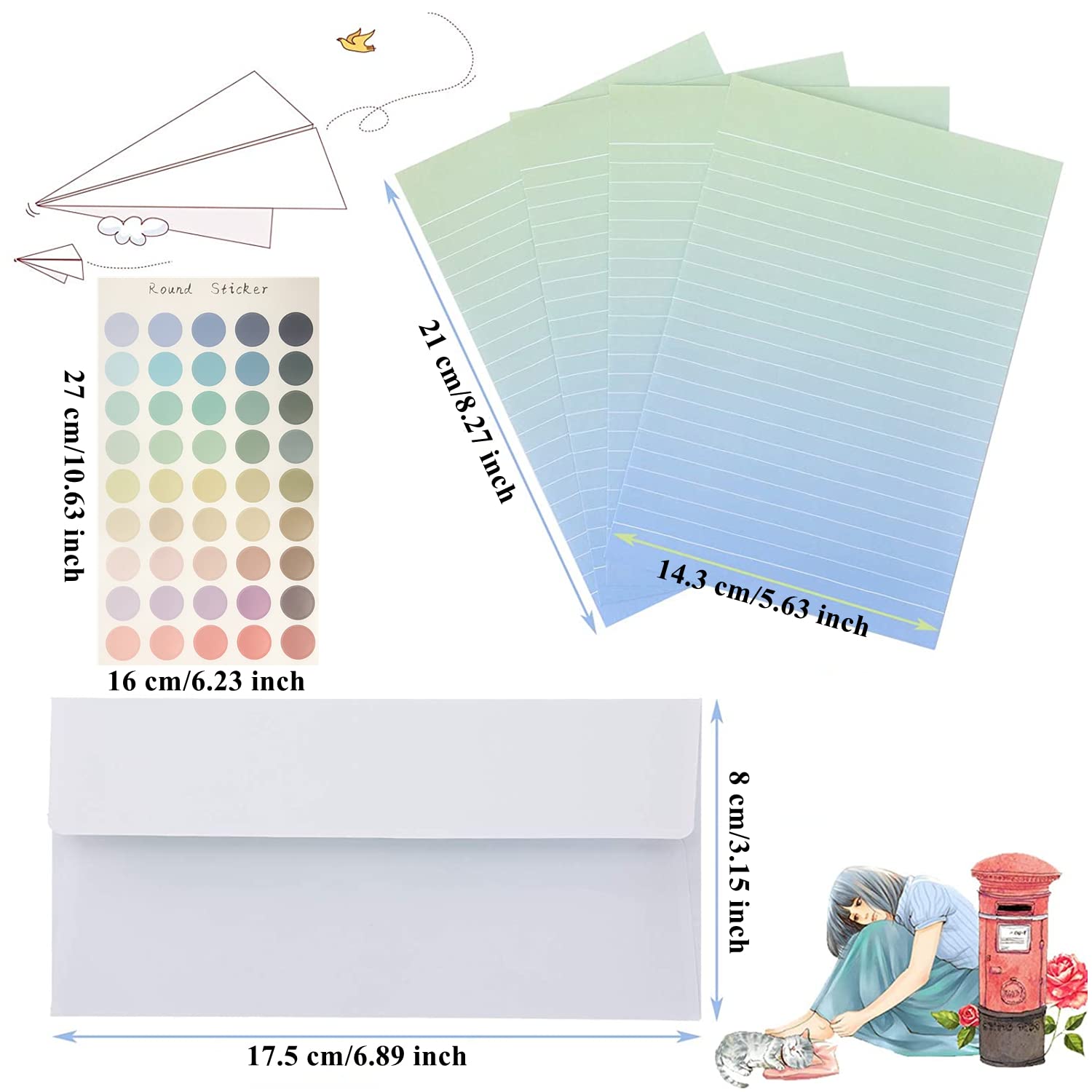 Juego de 48 piezas de papel de papelería colorido y sobres, 32 papeles de escritura con rayas, 16 sobres y calcomanías, juego de papelería de letras de colores degradados para escribir poemas