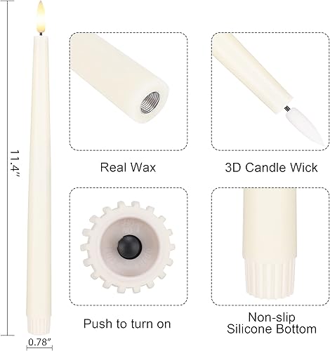 Miniatura 9 de Velas cónicas sin llama con mecha 3D, velas LED de cera real de 11.4 pulgadas con control remoto y temporizador, paquete de 3 velas parpadeantes que