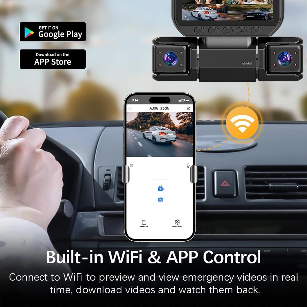 360° Car Dvr WiFi 4channels Dash Cam Video Recorder, Dash Cam Front and Rear, 1080p*4 Fhd Car Camera, 5ghz WiFi & App Control (Four Cameras + 64GB Card, Without Parking Monitoring)