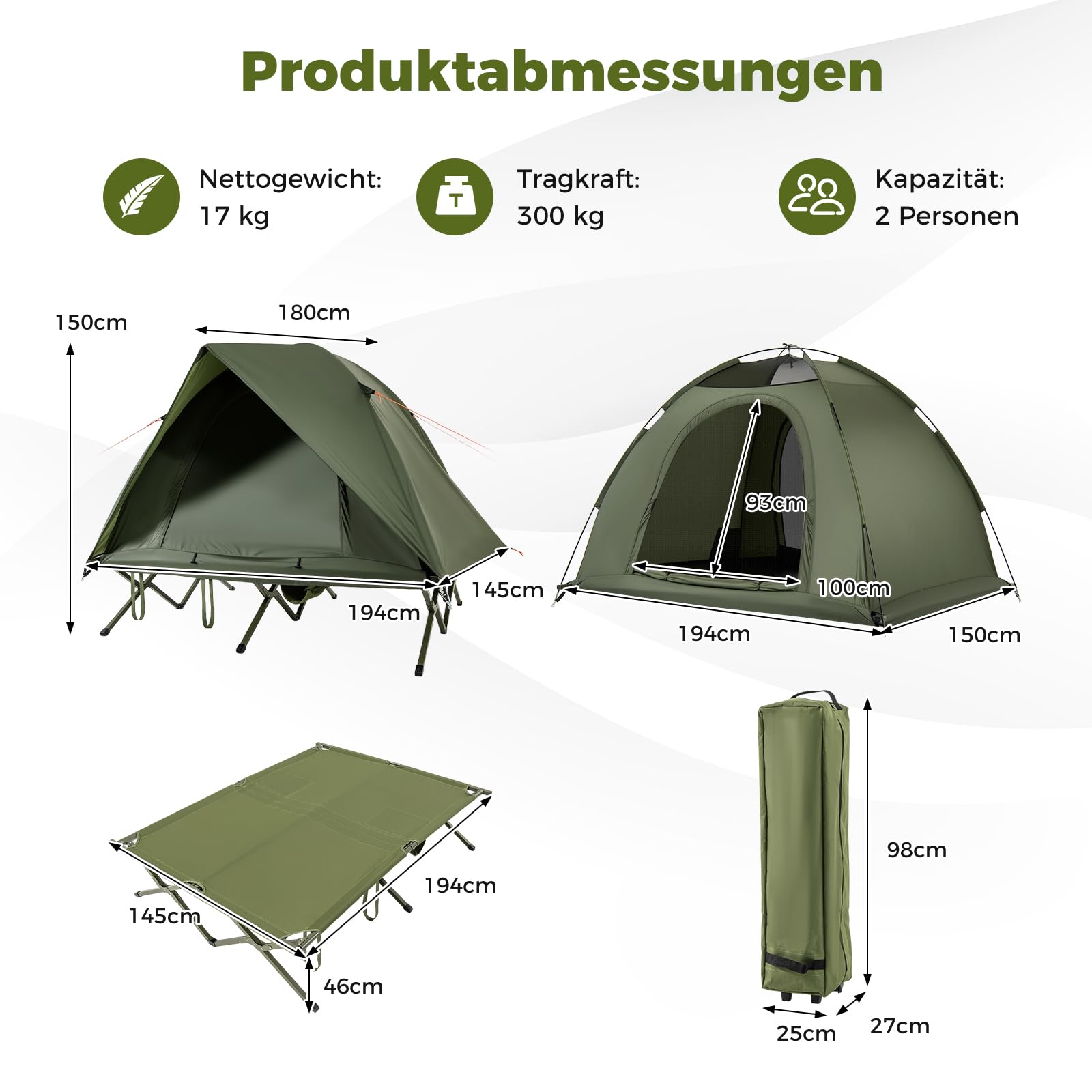 COSTWAY Feldbett mit Zelt für 2 Personen, Campingbett mit Regenschutz, 2 Netztüren, Dachfenster & Rolltasche, Campingliege, 300 kg Tragkraft, 194 x 145 x 150 cm