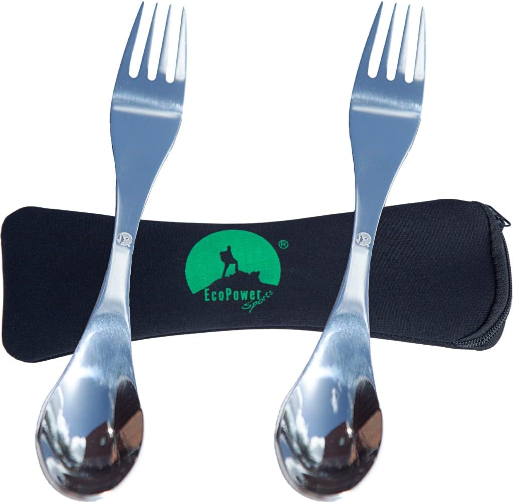 ECOPOWER SPORTS Spork Set of 2, Stainless Steel SPORKS & 1 Black Pouch