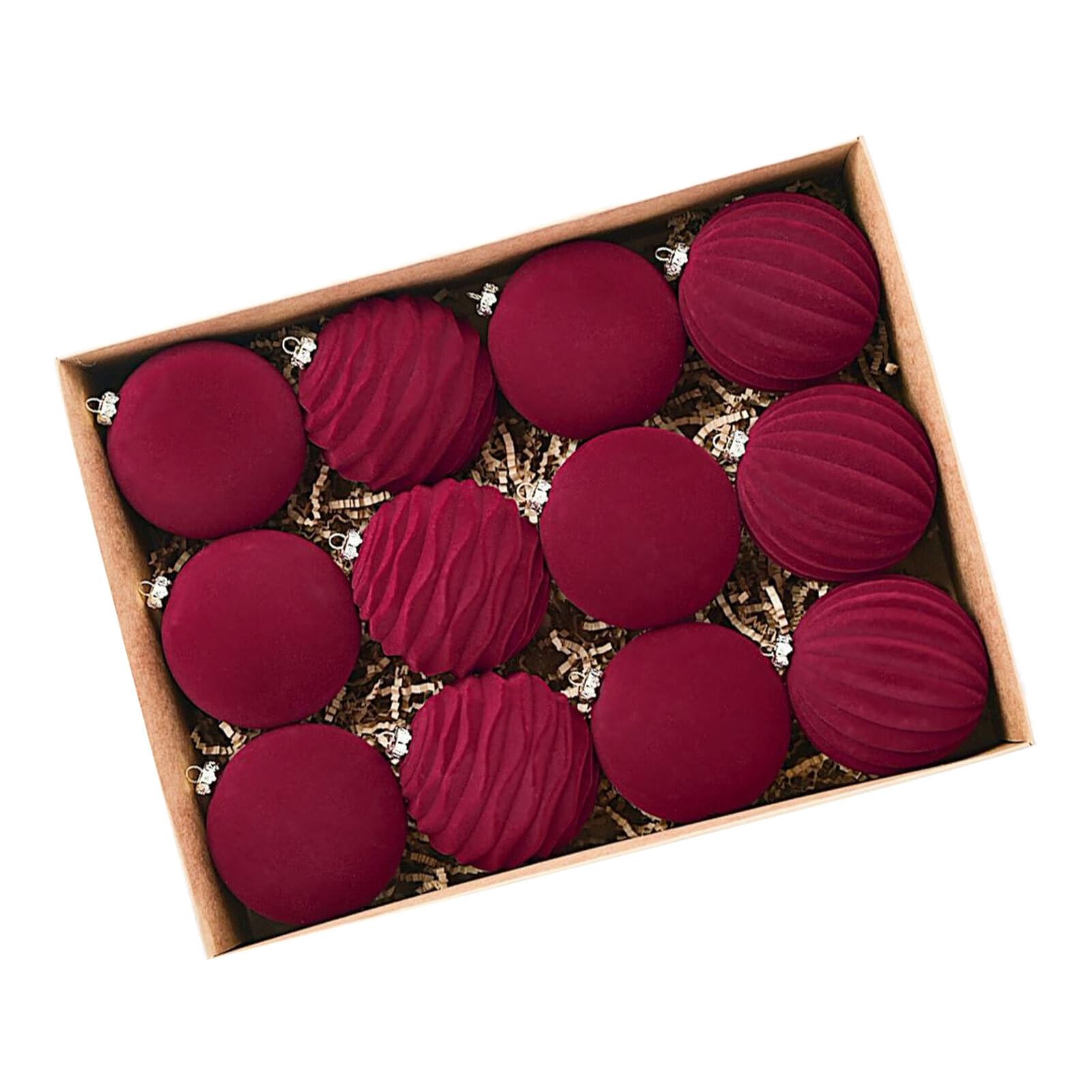 Zymoplas 12pcs/set Large Xmas Baubles Set Farmhouse Christmas Ball Bauble ABS Burgundy Christmas Tree Decorations Flocked Baubles, red, 8cm-12