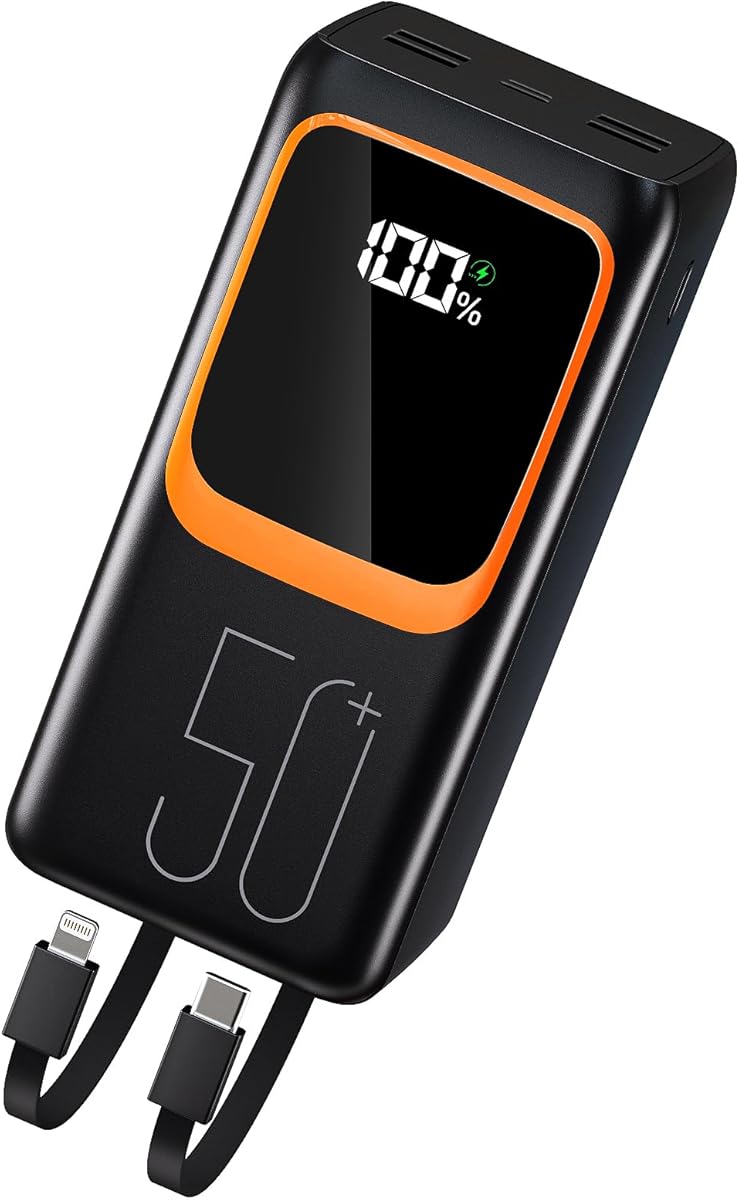 50000mAh Power Bank Built-in Cable: 22.5W Fast Charging External Battery with Large Capacity, Portable Charger with LED Flashlight and 7 Outputs & 3 Inputs-Black