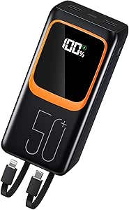 50000mAh Power Bank Built-in Cable: 22.5W Fast Charging External Battery with Large Capacity, Portable Charger with LED Flashlight and 7 Outputs & 3 Inputs-Black