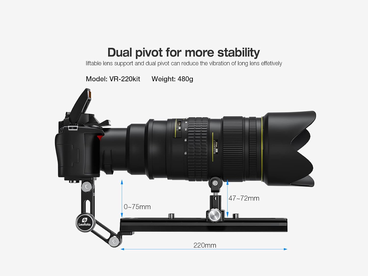 LEOFOTO VR-220 Kit 220mm Adjustable Dual Pivot Universal Long/Tele Lens Support/QR Plate Mount Compatible with Sachtler & Manfrotto