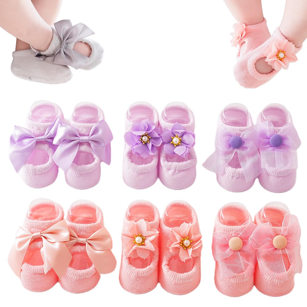 Beyonddraw Baby Ballet Socks,3pair Non-skid Socks Shoes for Baby Girls,Newborn Cotton Toddler Lace Bowknot Flower Walker Sock (6PC-A,Small)