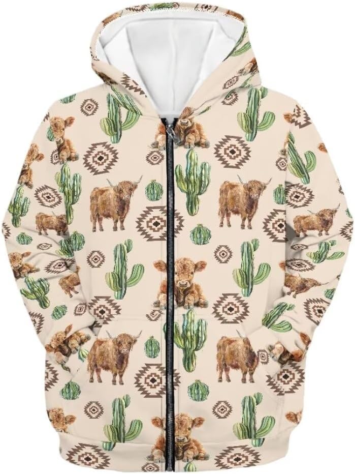 Beauty Collector Cow Print Zip Up Kids Hoodies Sweatshirts Customized Coat Cartoon Streetwear Long Sleeve