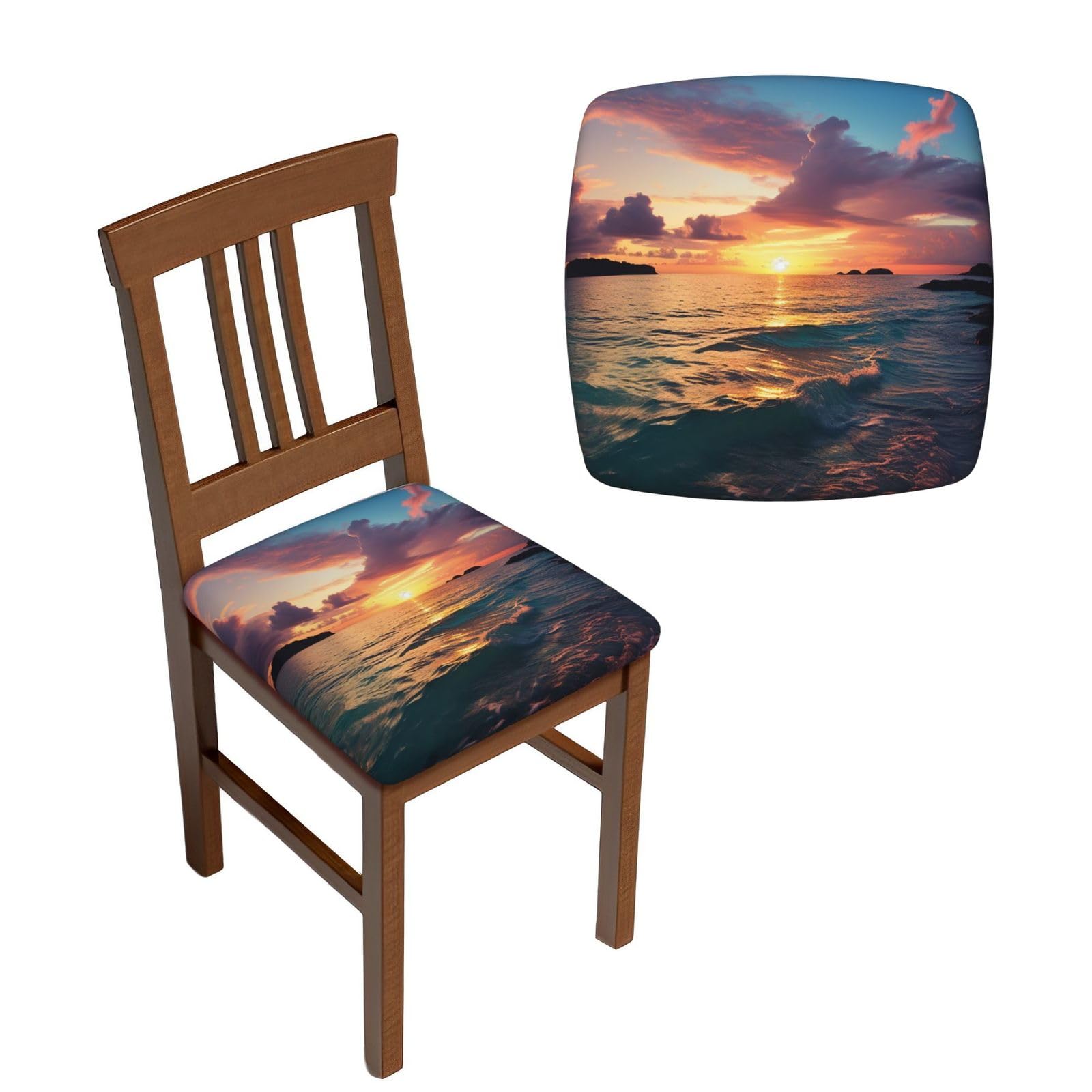 FodPand 4PCS Dining Chair Covers for Dining Room Ocean and Sunset Chair Seat Cover Stretch Parsons Chair Slipcover Removable Washable Seat Cushion Slipcovers Cover for Kitchen Office