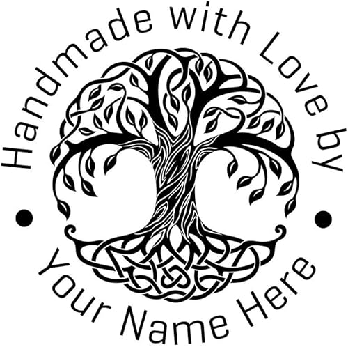 Hecho a mano con amor por sello personalizado árbol de la vida, monograma de fuente de guión, sello de goma con destello de goma, sellos de negocios