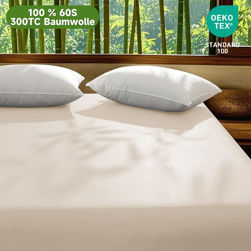 Gezu Mako Sábana bajera ajustable de satén de 90 x 200 cm, color beige y crema, 100 % algodón 60S, antibacteriana, para colchón de hasta 30 cm
