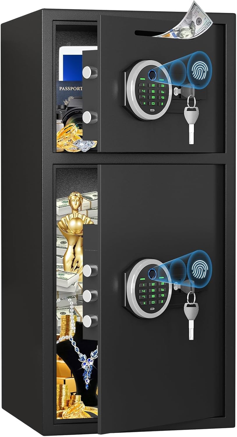 7.0 Cuft Extra Large Home Safe Box Fireproof Waterproof, Fingerprint Safe, Home Security Safes Box with Adjustable Shelf & Deposit Slot, Money Safes with Backlit Keypad & Dual Alarm for Home Office