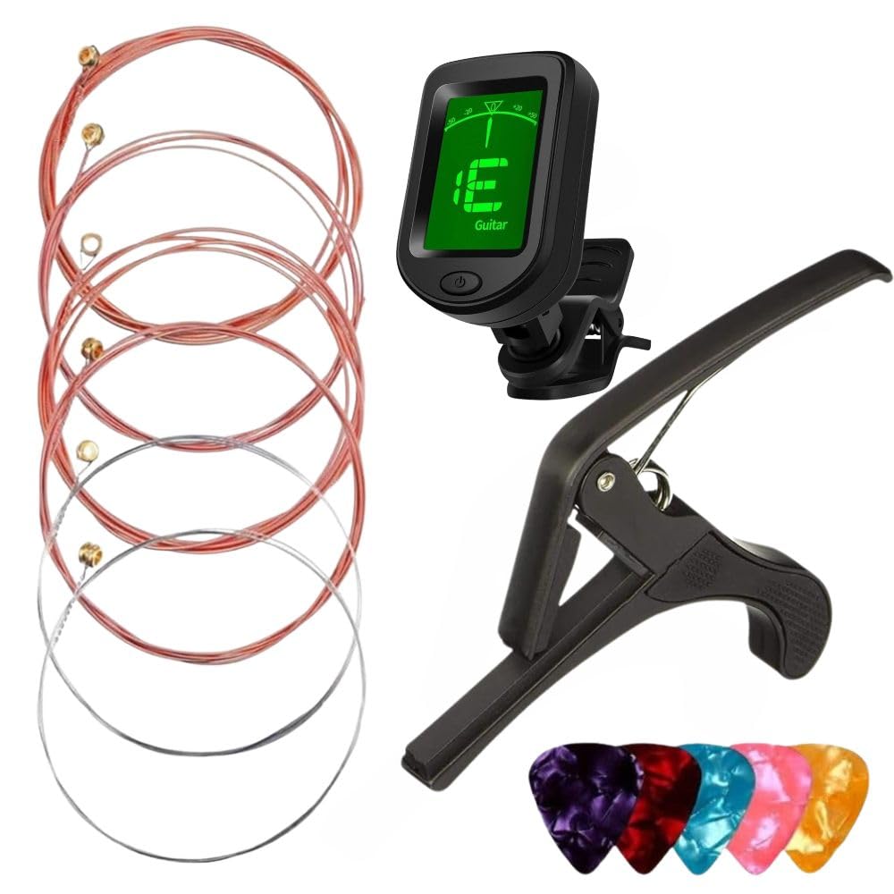 Imaginea Guitar Tuner Capo String Set with Picks | Guitar Accessories Combo for Acoustic Electric Guitar | Clip-On Tuner, Steel Strings, Capo, 5 Picks-image-47