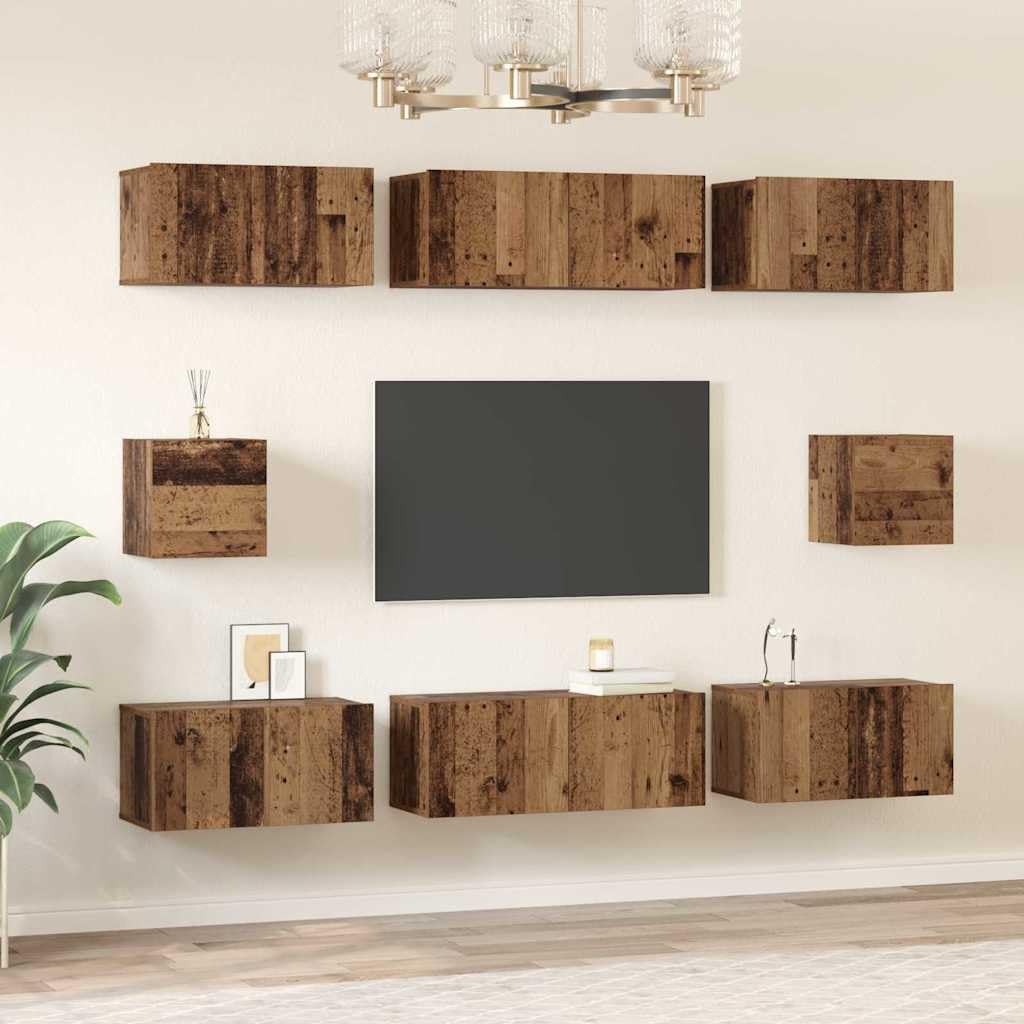 Ensemble meuble TV 8 pièces bois ancien en bois d'ingénierie avec étagères murales, portes, tiroirs, rangement multifonction pour salon séjour chambre, support console audio vidéo suspendu