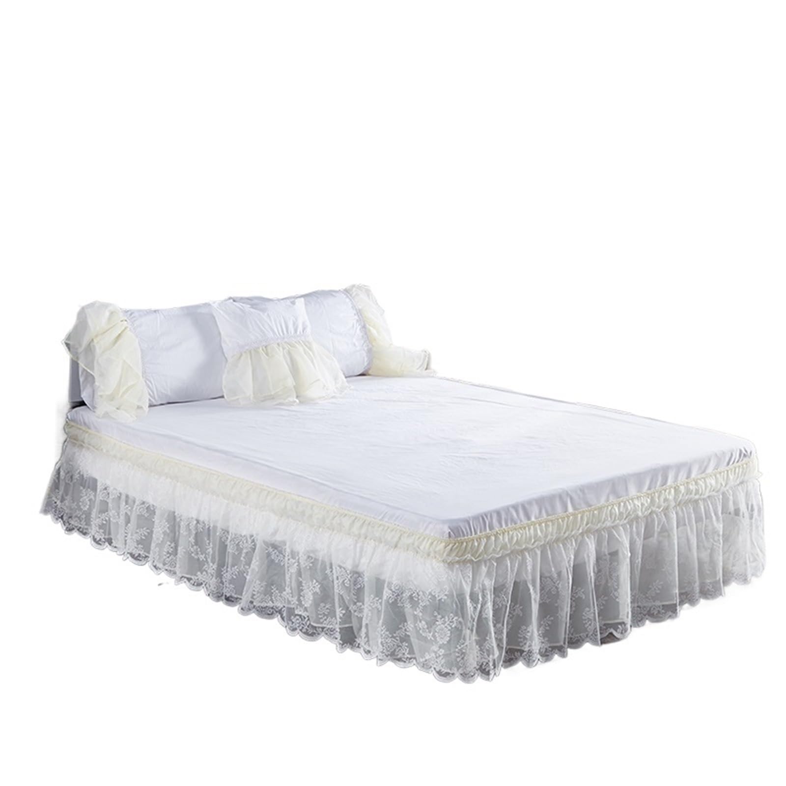 Cache Sommier,Jupe de Lit Cache-Sommier en Dentelle Jacquard à Deux Couches for Lit avec Volants et Élastique 40cm(Beige,160x200x40cm)