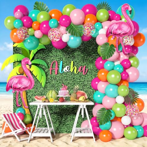 136Pcs Tropical Balloon Arch Garland Kit Flamingo Luau Balloons of Hot Pink Rose Gold Fruit Green Blue & Palm Leaves for Tropical Party Decorations Hawaiian Aloha Birthday Wedding Decor