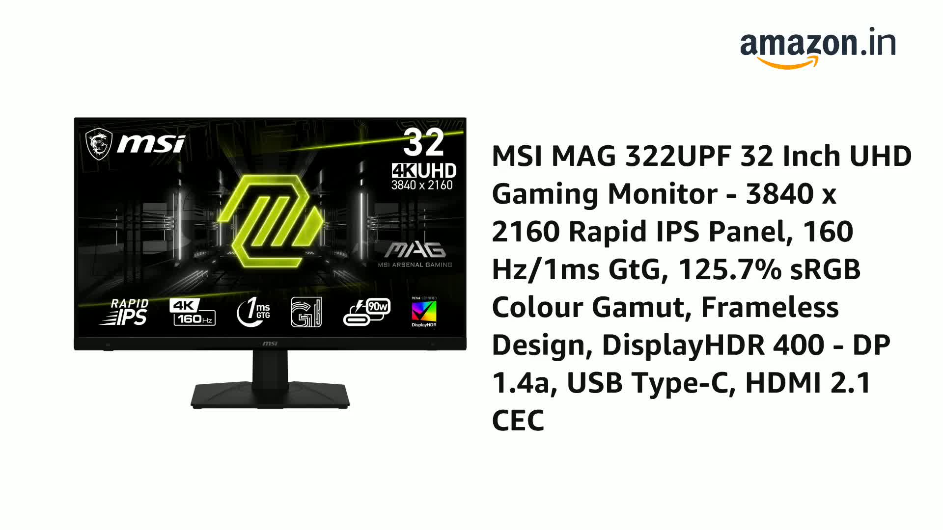 MSI MAG 322UPF 32 Inch UHD Gaming Monitor - 3840 x 2160 Rapid IPS