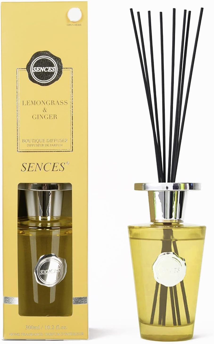 Sences Luxury Reed Diffuser 300ml - Scented with Lemongrass & Ginger, Long-Lasting Natural Aroma, Premium Essential Oils, Elegant Glass Bottle, Perfect for Home, Office, and Spa, Energising Refreshing