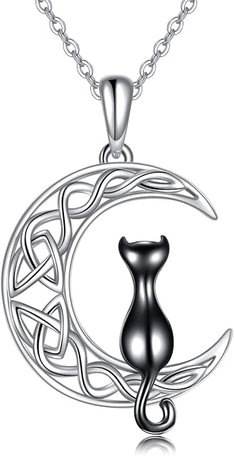 VONALA 925 Sterling Silver Cat Necklace with Moon Pendant Jewellery Birthday Gifts for Mother Daughter