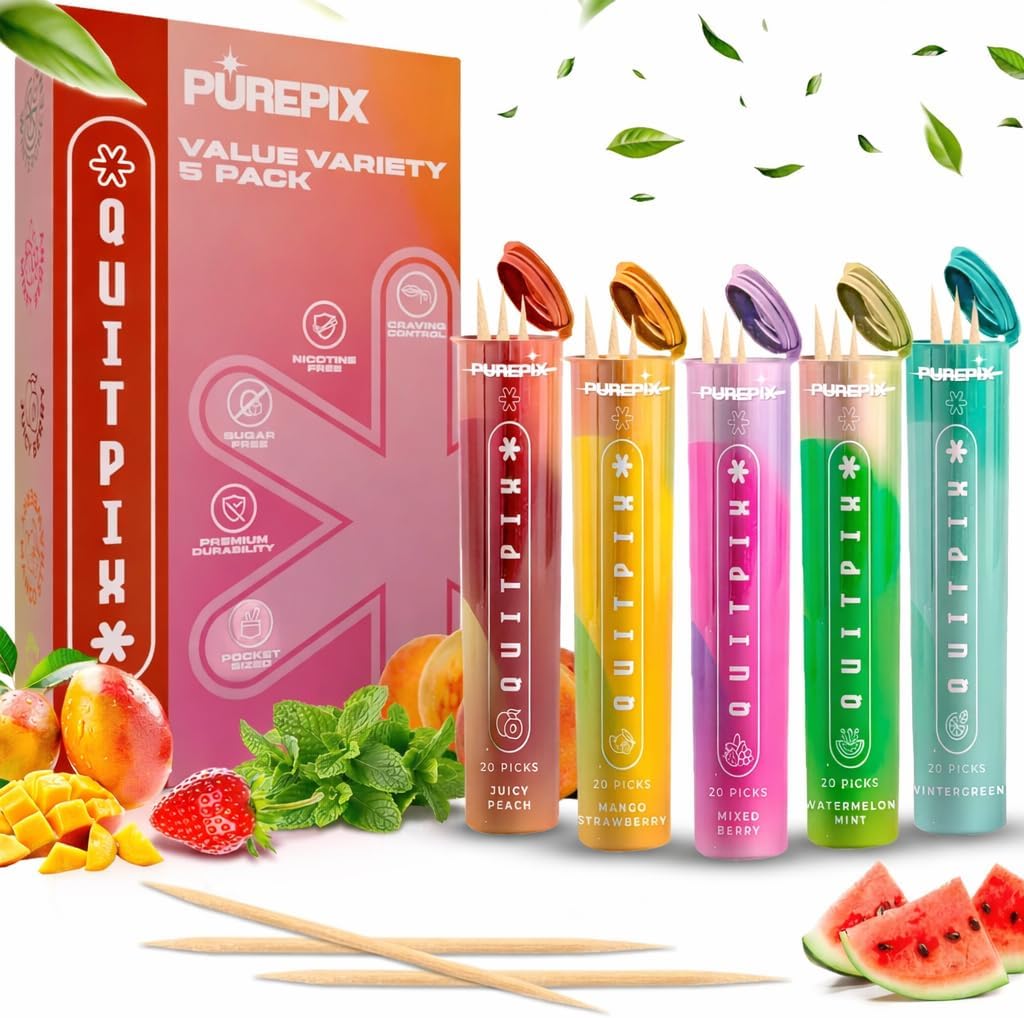 QuitPix Flavored Toothpicks for Oral Fixation (5 Flavor Variety, 100ct) Extra Thick Infused Toothpicks with NAC & L-Theanine - Nic-Free Alternative to Help Quit Smoking - Kosher, Vegan, Made in USA