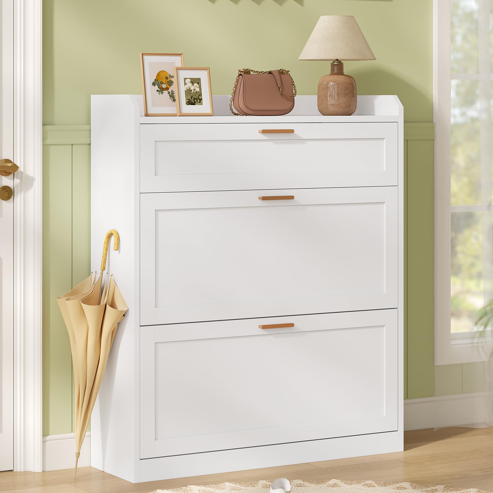 KIMENICH Scarpiera con 2 Scomparti a Ribalta, Scarpieras con 1 Cassetti, Scarpiera Salvaspazio, Divisorio Regolabile, per 12-16 Paia di Scarpe, Corridoio, Ingresso, 24 x 80 x 104 cm, Bianco