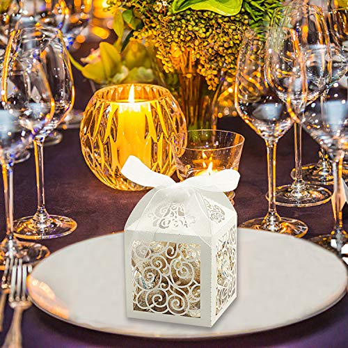 KPOSIYA 100 Pack Wedding Favor Boxes Laser Cut Boxes Party Favor Box Small Gift Boxes Lace Candy Boxes for Wedding Bridal Shower Baby Shower Birthday Party Anniverary with Ribbons (White, 100) - Thumbnail 3