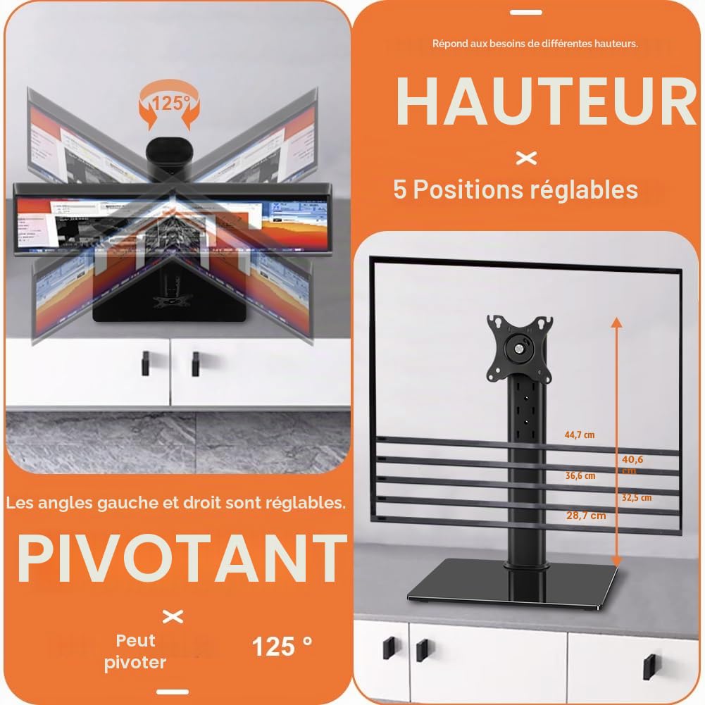 KKTONER Support d'Écran d'Ordinateur VESA 13-32 Pouces Réglable en Hauteur Pivotant 75x75mm 100x100mm