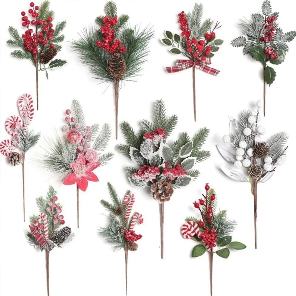 5pcs Christmas Artificial Pine Cone Snowflake Red Berry Picks Stems, Christmas Decoration for DIY Ornaments, Tree Decor, Crafts Holiday, Wreath Making Supplies