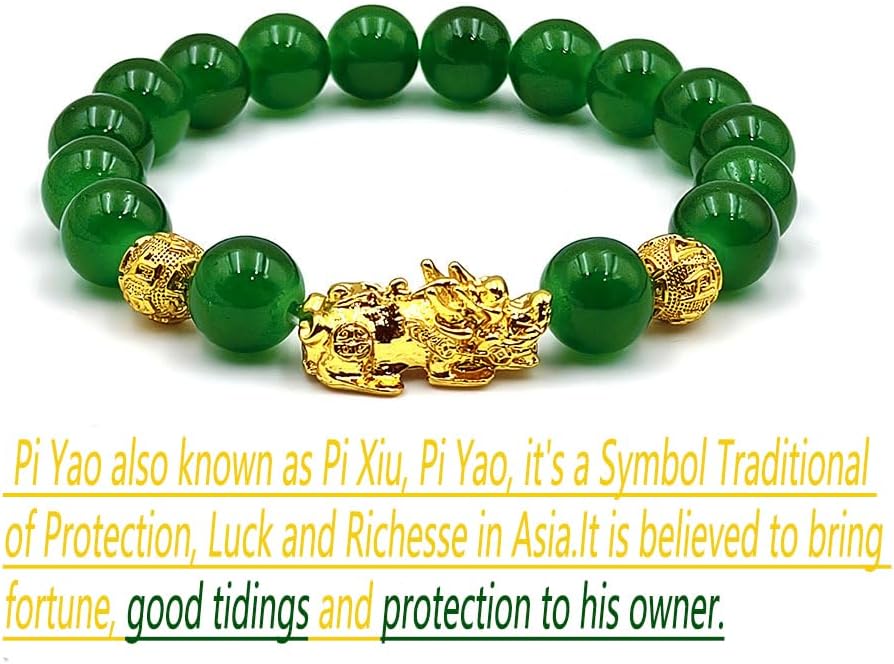 Feng Shui Bracelet Porsperity Jade Money Lucky Charm Feng Shui Black Obsidian Wealth Bracelet Gift for Men Women with Gold Plated Pi Xiu Pi Yao Attract Wealth Good Luck Jadeite Green Emerald